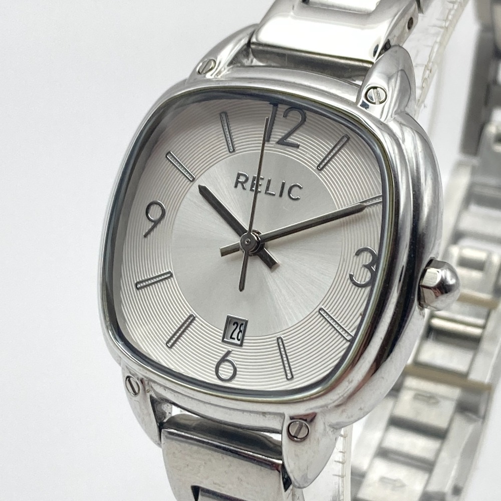Relic Women's Watch 28mm Silver Tone Date Square w/Extenders New Battery 7.25"